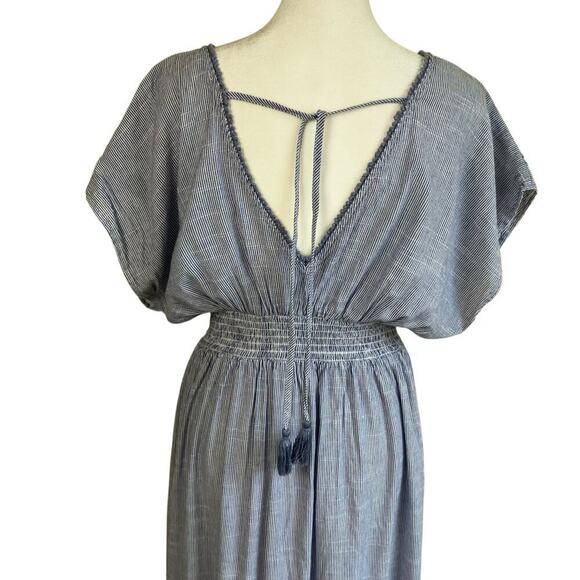 See And Be Seen Sz L Floral Embroidered Maxi Dress Striped Smocked Waist Beachy - Picture 9 of 16